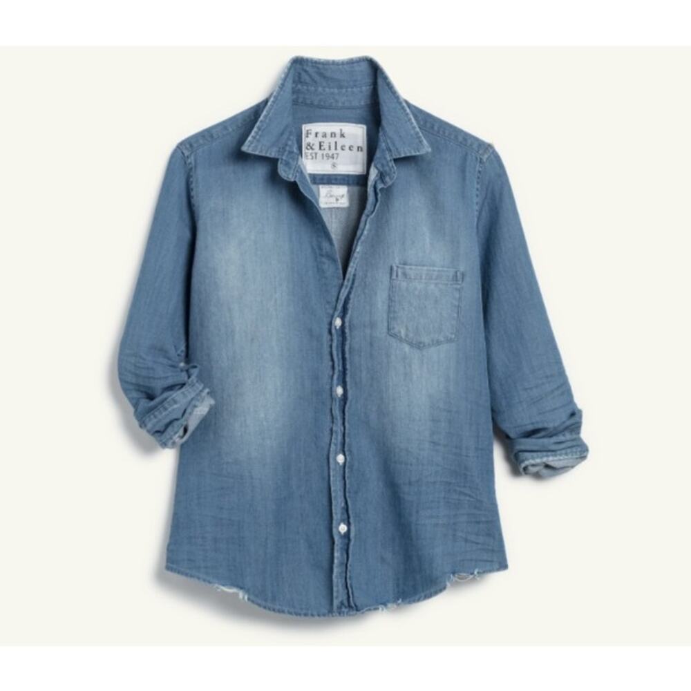 Frank & Eileen Womens XS Barry Distressed Blue Denim Button Up Shirt Preppy